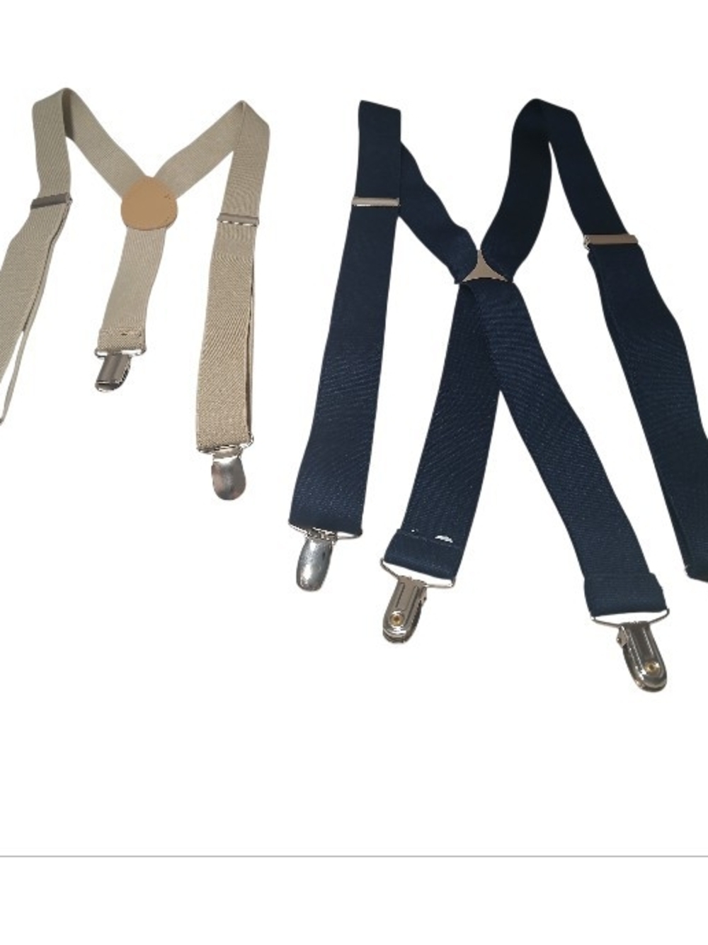Lot of 2 Elastic Clip-On Suspenders - Tan & Navy Blue Y-Back Adjustable